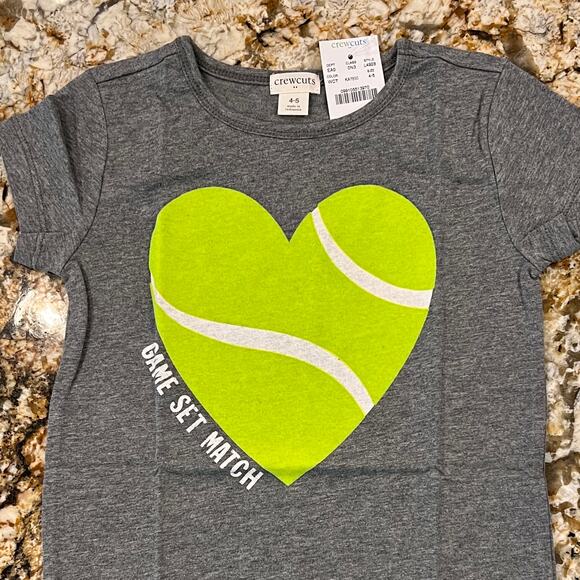 NWT J. Crew Girls' Grey Tennis "Game Set Match" Fuzzy Heart Tee - SIZE 4-5 - Picture 2 of 6